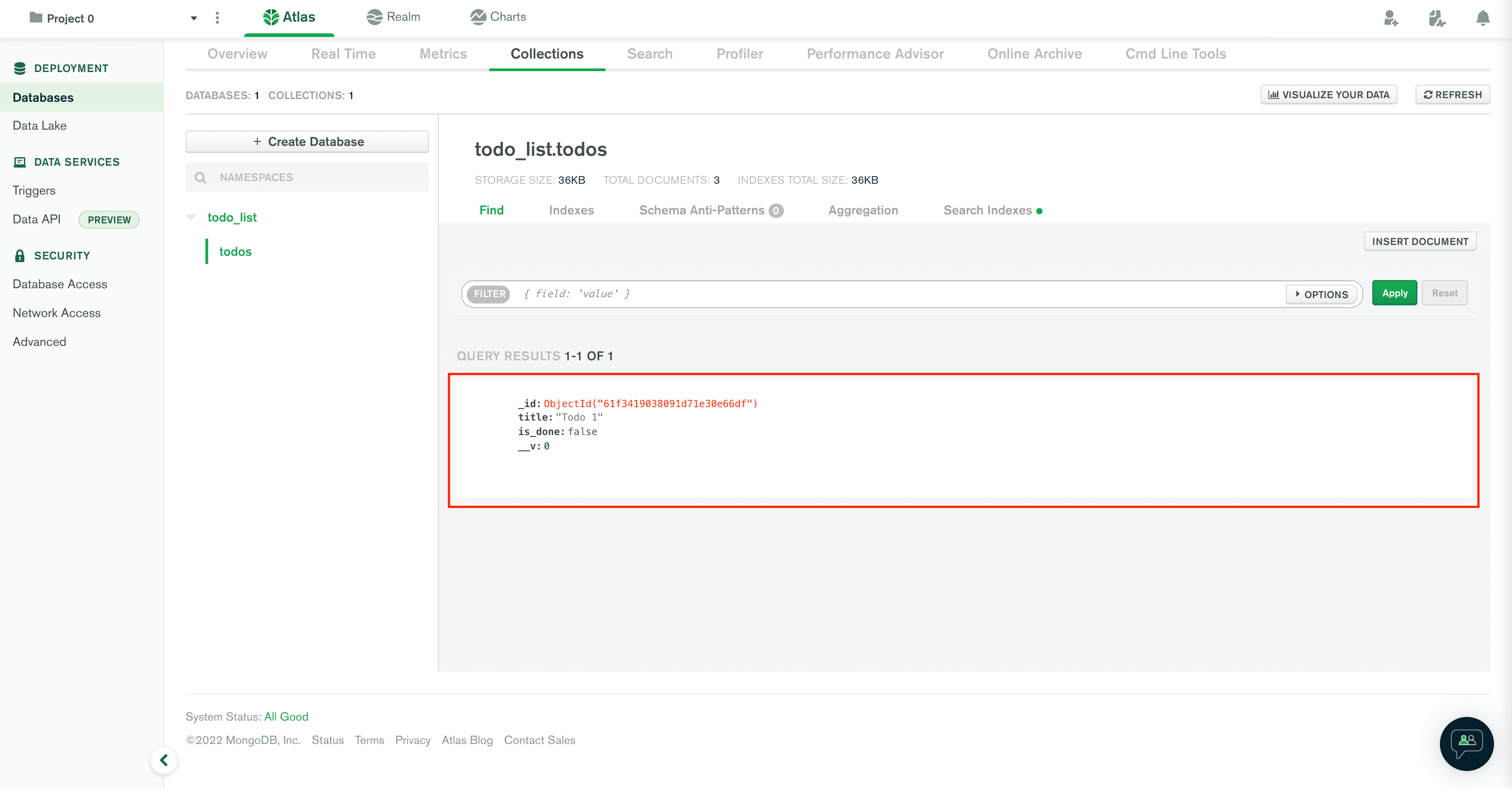 MongoDB Atlas New Todo