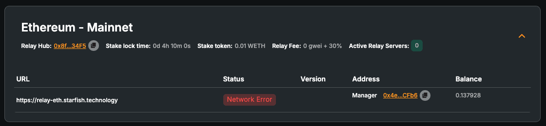 A picture showing the broken GSN Relayer Network Status